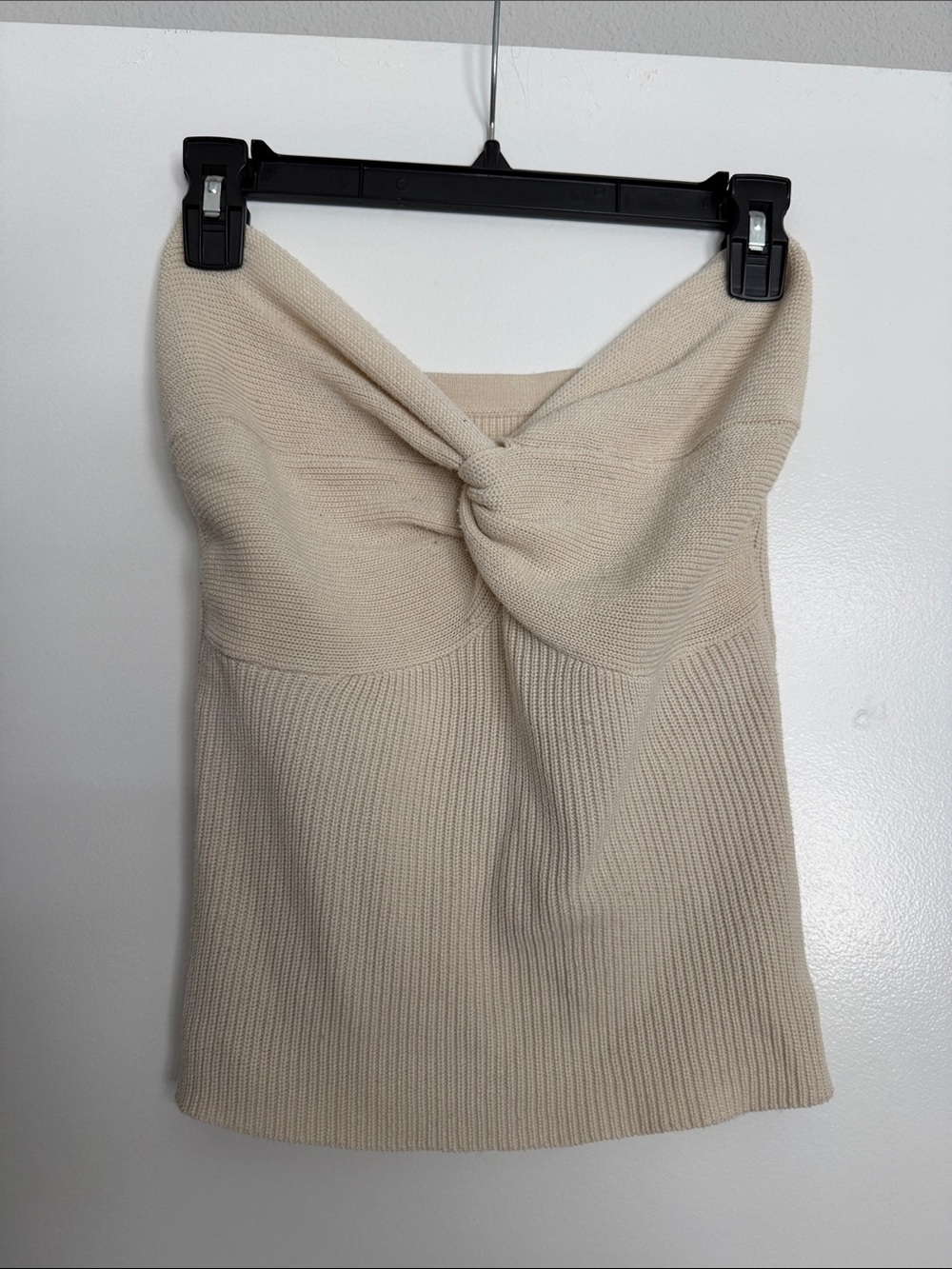 Cream Ribbed Knit Strapless Tube Top with Front Knot Detail